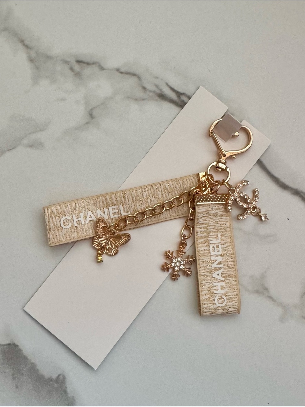 CHANEL Beige & Gold Logo Charm Key & Card Holder GWP! BNIB